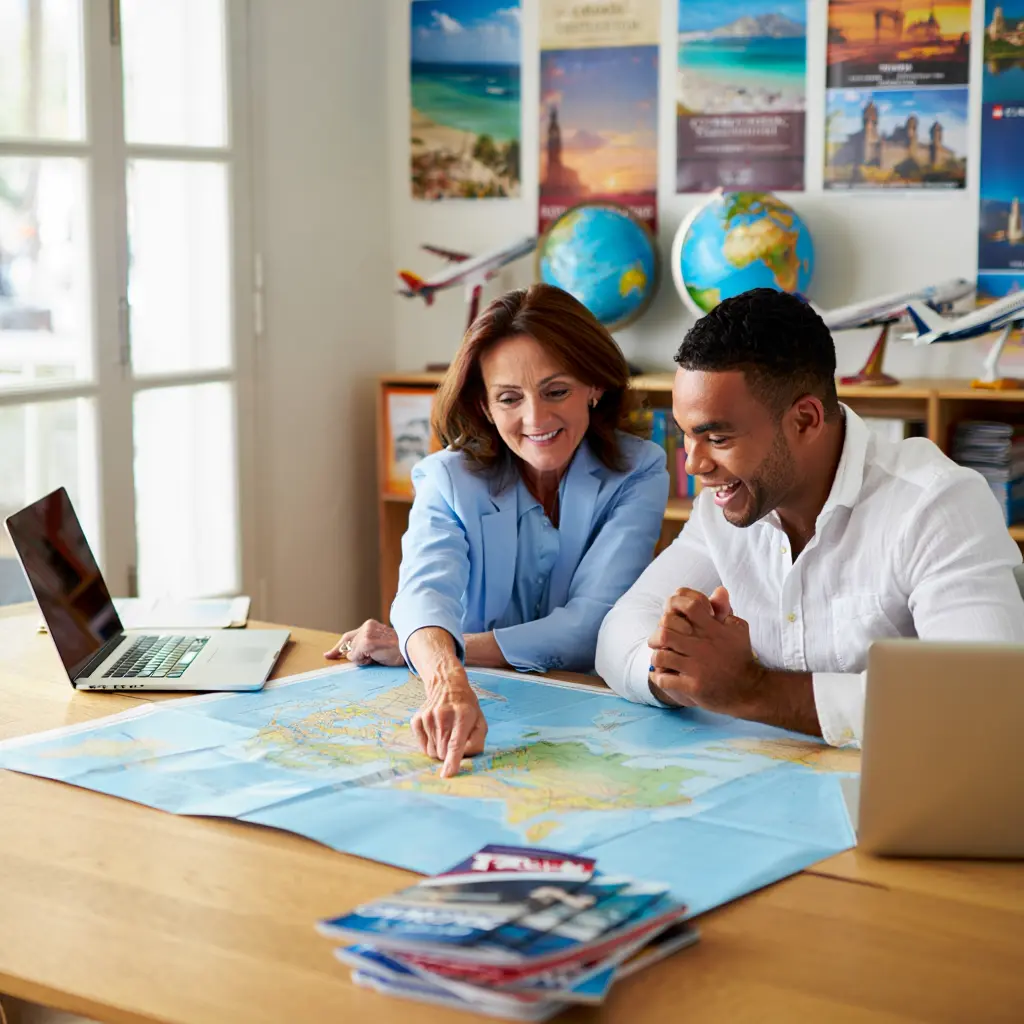 Travel consultant reviewing world map with client